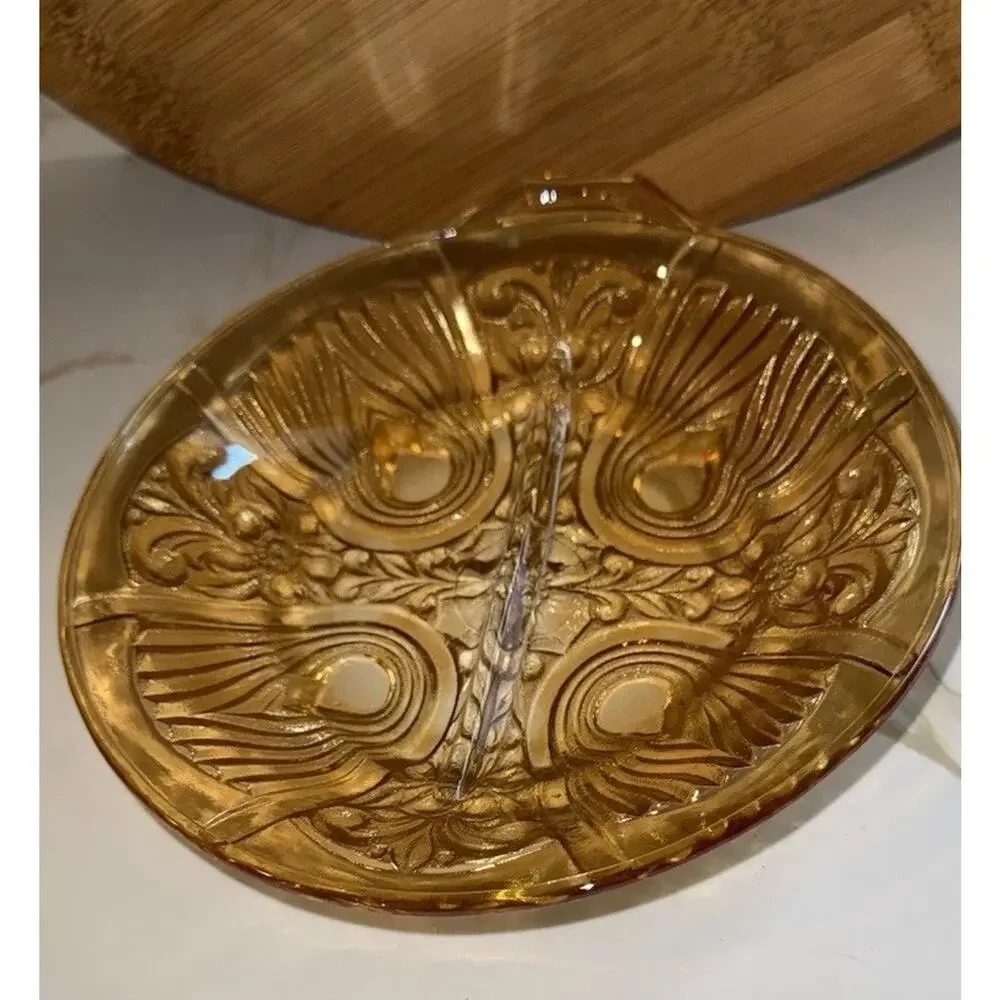 Vintage Indiana Glass Iridescent Amber Killarney Divided Relish Dish Handle